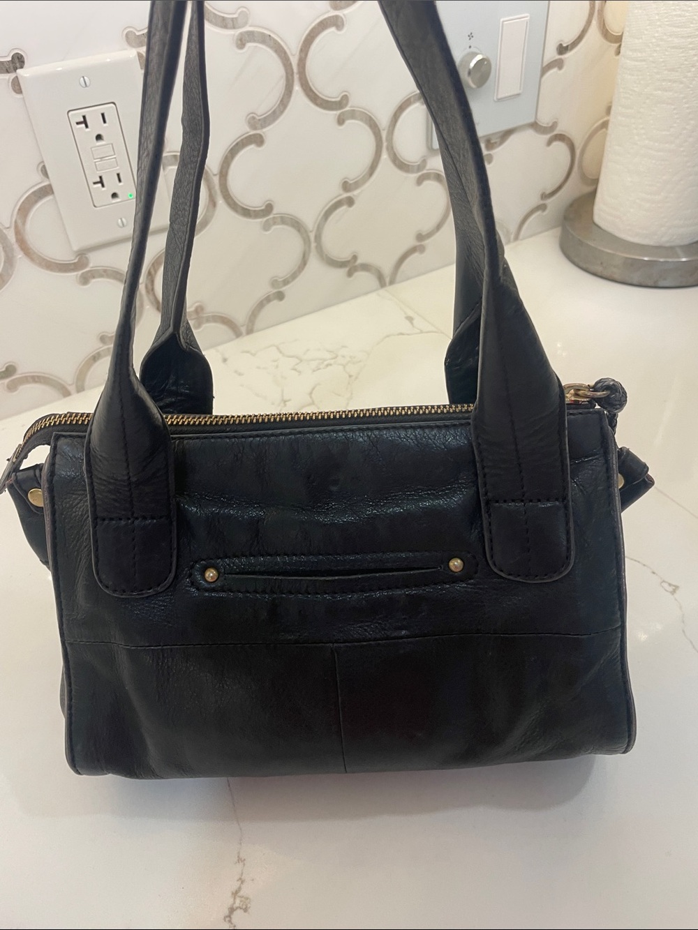 b. makowsky Black Leather Shoulder Bag with Gold Hardware - Picture 7 of 15